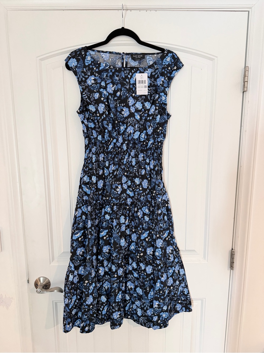 kate spade Black & Blue Floral Cap Sleeve Midi Dress